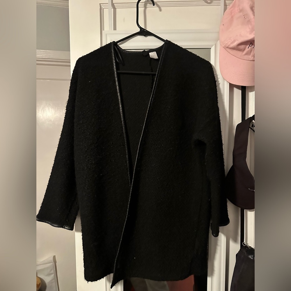 H&M Leather Lined Wooly Knit Black Open Front Shawl Cardigan Jacket Top Women L